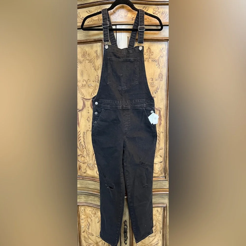 Old Navy OG Straight Black Wash Ripped Jean Overalls